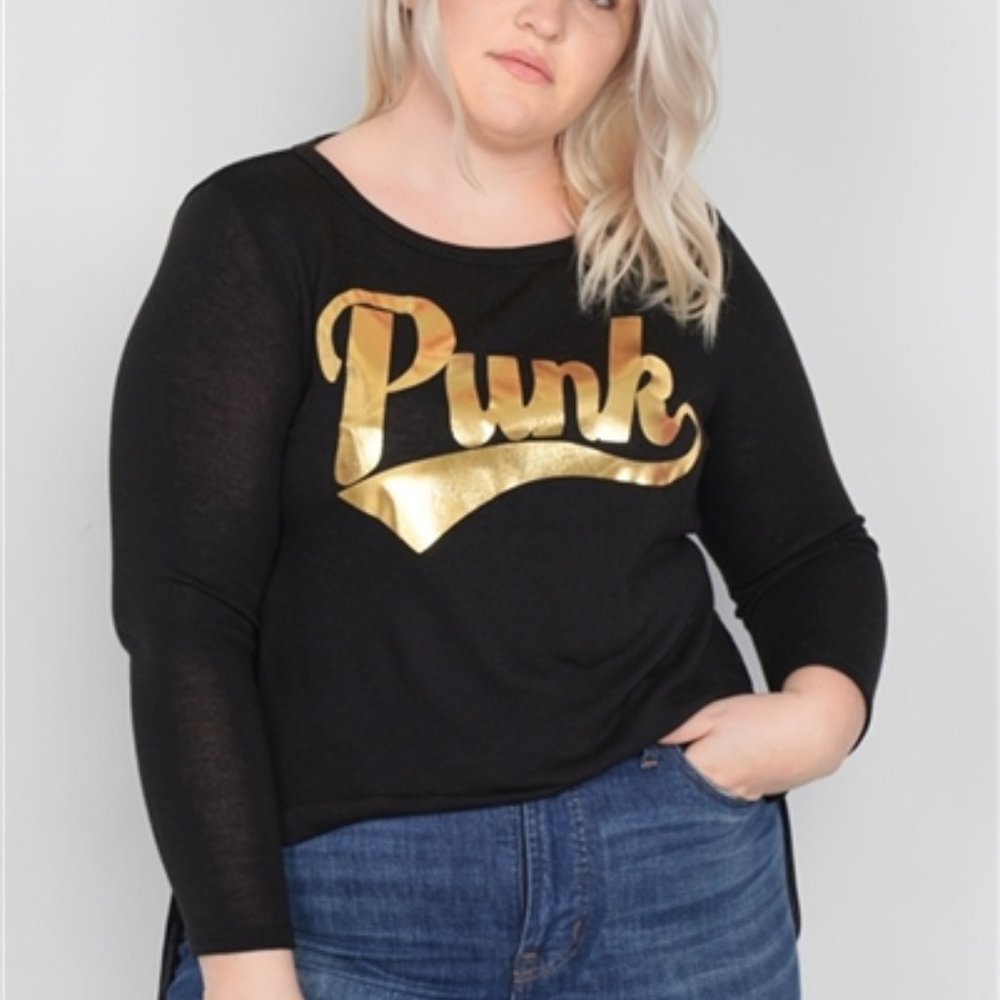 Black Gold "PUNK" Graphic Print Long Sleeves Sheer Back Hi-Lo Top